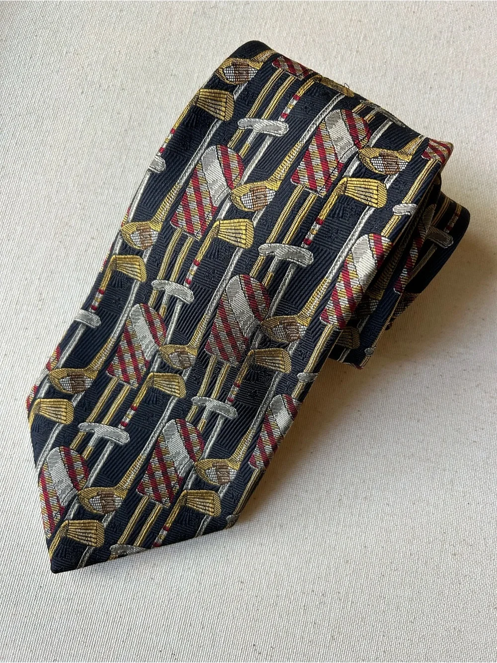 Robert Talbott Black Silk Tie with Gold and Red Geometric Motif